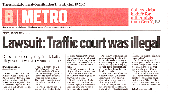 Newspaper article Regarding the Class Action against DeKalb County Recorder’s Court